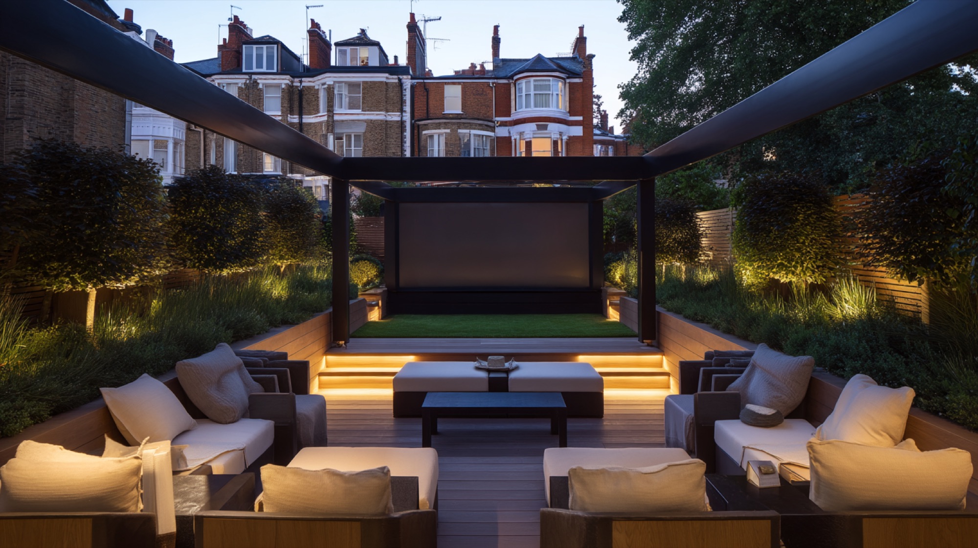 Outdoor cinema screen installed on a raised platform in a landscaped London garden