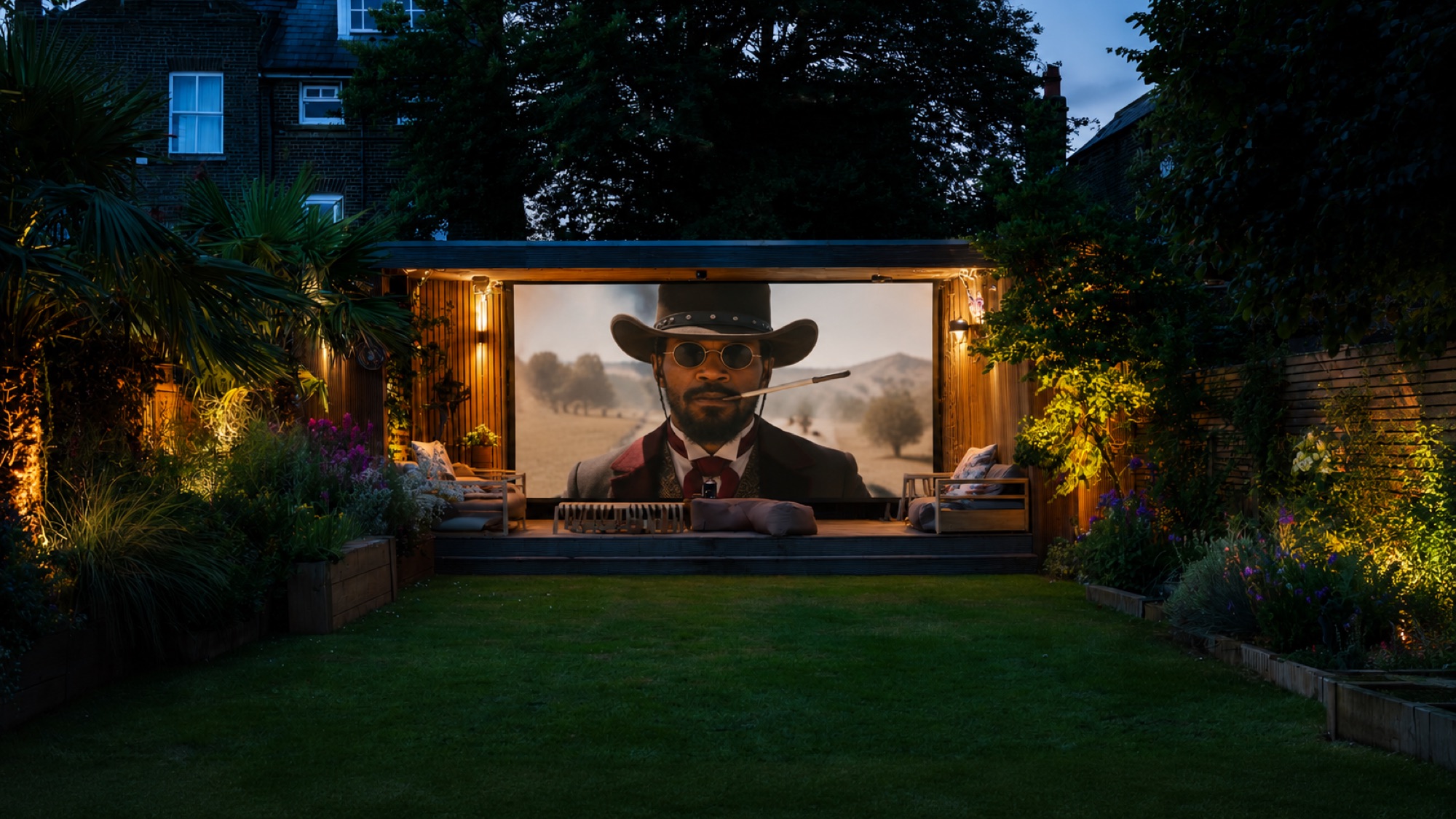 Outdoor cinema with projector and screen in a bespoke London garden screening room
