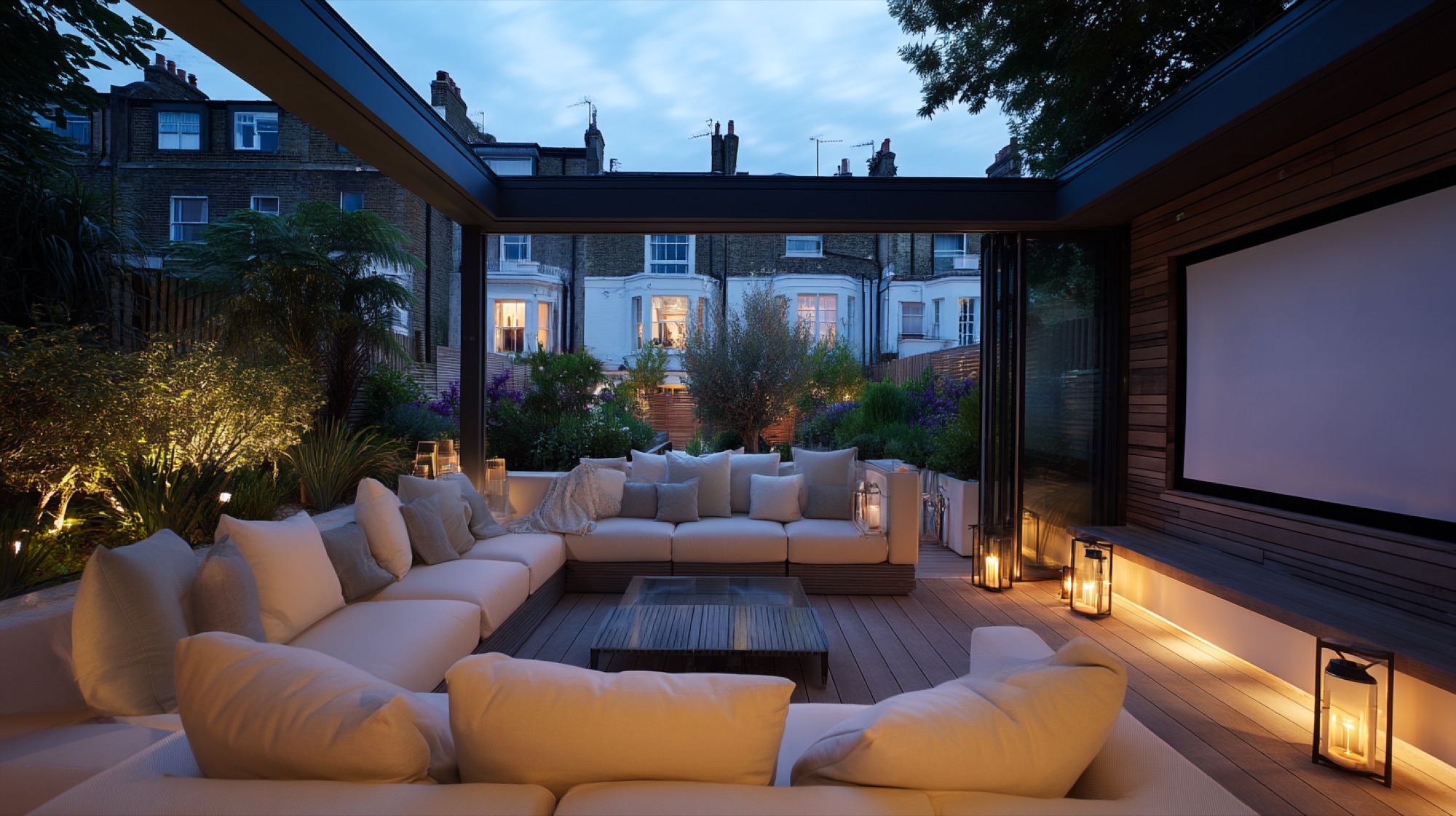 Cosy U-shaped sofa seating on a Victorian London rear-terrace outdoor cinema at blue hour